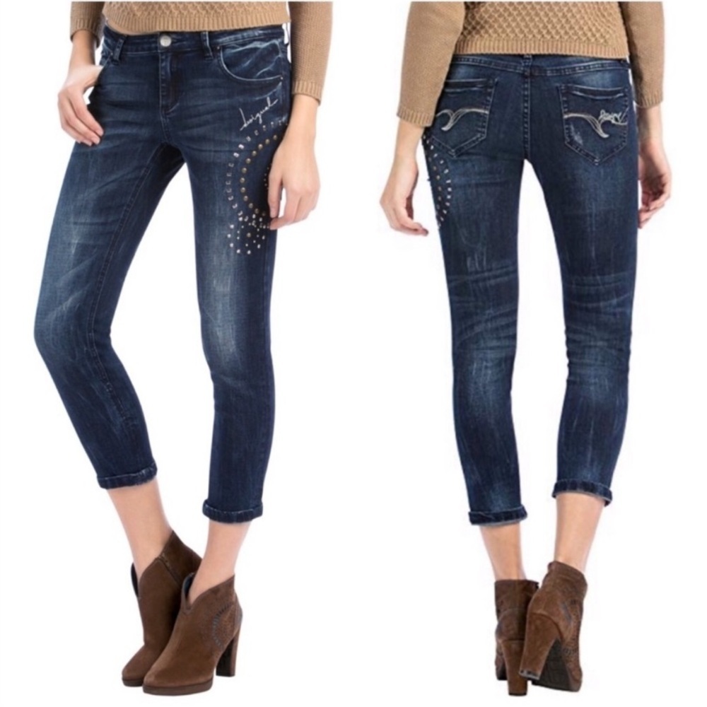 Desigual Embellished Mid Rise Blue Jeans Size 30 Floral Artistic Design Boho